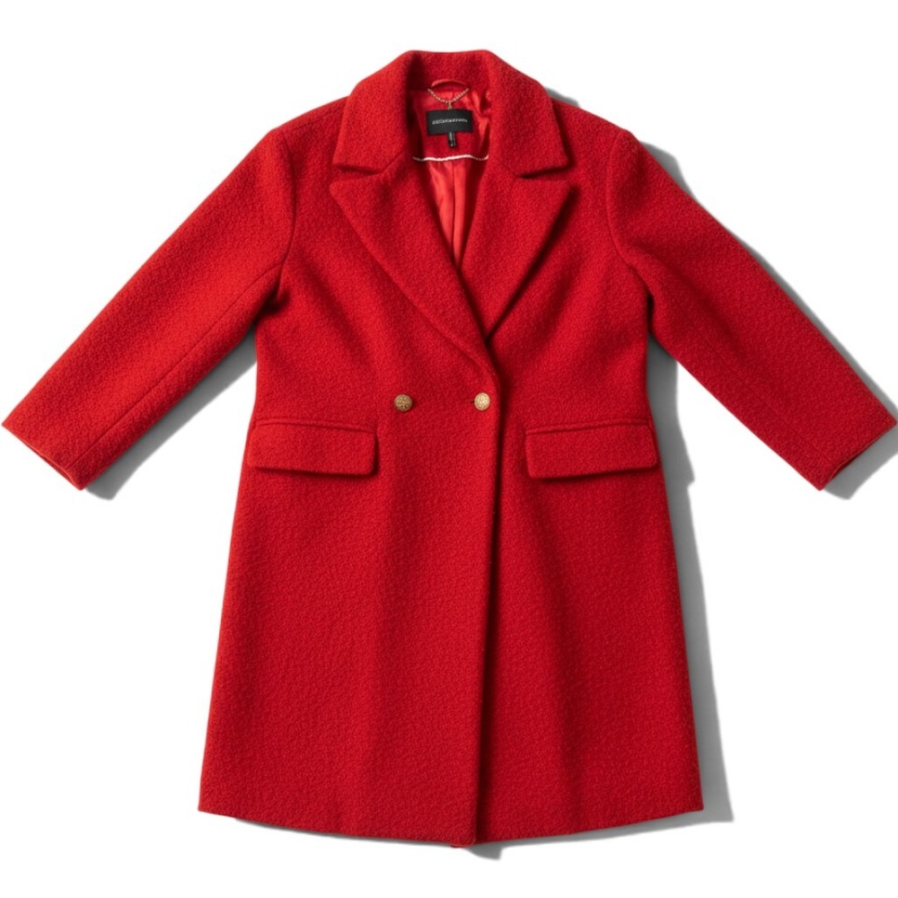 BCBGMAXAZRIA Red Boucle Double Breasted Coat Gold Buttons 14781BM L NWOT